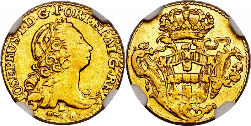 Jose I gold 800 Reis 1754-B XF40 NGC, Bahia mint, KM180.1. A very rare date-type...