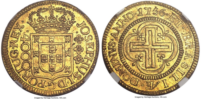 Jose I gold 4000 Reis 1756-(L) MS65 NGC, Lisbon mint, KM171.2, Russo-311. A choi...