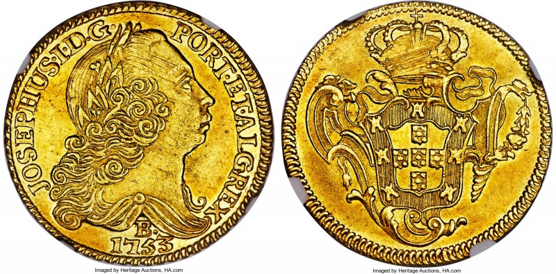 Jose I gold 6400 Reis 1753-B MS61 NGC, Bahia mint, KM172.1. While the surfaces a...