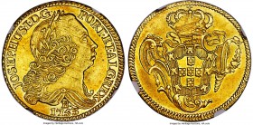 Jose I gold 6400 Reis 1753-B MS61 NGC, Bahia mint, KM172.1. While the surfaces appear somewhat muted, it is certainly true that this example lacks mos...