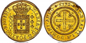 Maria I gold 4000 Reis 1792-(L) MS62 NGC, struck at both Lisbon and Rio de Janeiro without mm, KM225.1, Russo-497. A captivating specimen showing shim...