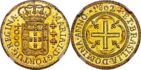 Maria I gold 4000 Reis 1802-(B) MS62 NGC, Bahia mint, KM225.2, Russo-500, Gomes-27.02. Quite an anomalous emission from the Bahia mint where most piec...