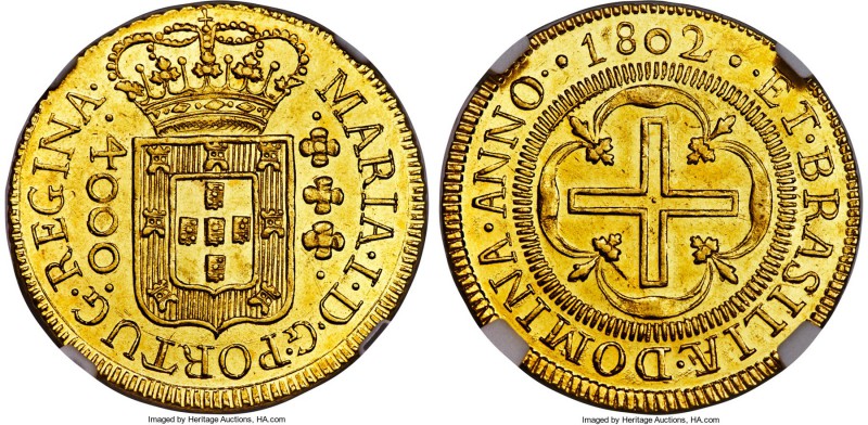 João Prince Regent gold 4000 Reis 1802-(B) MS63 NGC, Bahia mint, KM225.2, Russo-...