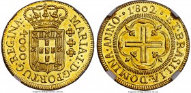 João Prince Regent gold 4000 Reis 1802-(B) MS63 NGC, Bahia mint, KM225.2, Russo-500, Gomes-27.02. A choice example with shimmering golden luster. Stru...