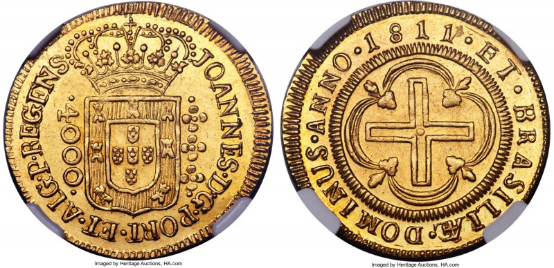 João Prince Regent gold 4000 Reis 1811-(B) MS60 NGC, Bahia mint, KM235.1, Russo-...