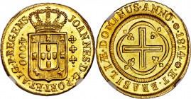 João Prince Regent gold 4000 Reis 1814-(R) MS66 NGC, Rio de Janeiro mint, KM235.2. A staggering gem and a specimen that is as close to perfect as poss...