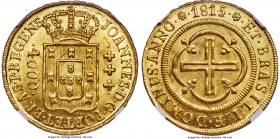 João Prince Regent gold 4000 Reis 1815/4-(R) MS64 NGC, Rio de Janeiro mint, KM235.2, Fr-95, Russo-575a. A scarce overdate. Bright gold with flashy sur...