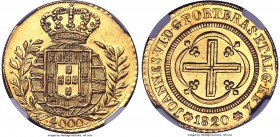 João VI gold 4000 Reis 1820-(R) MS63 NGC, Rio de Janeiro mint, KM327.1, LMB-O584. An enviable example displaying lustrous, clean fields, and a complet...