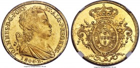 João Prince Regent gold 6400 Reis (Peça) 1806-R MS63 NGC, Rio de Janeiro mint, KM236.1, Russo-574. Well-centered, with shimmering luster and only mino...
