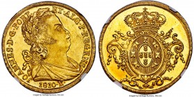 João Prince Regent gold 6400 Reis 1810-R MS64 NGC, Rio de Janeiro mint, KM236.1, LMB-O560. An ultra-satiny specimen with top-notch eye appeal. Tied wi...