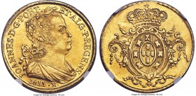 João Prince Regent gold 6400 Reis 1811/10-R MS63 NGC, Rio de Janeiro mint, KM236.1, Russo-573. Perfectly centered with glowing golden luster. In a lev...