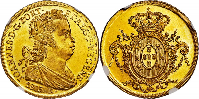 João VI Prince Regent gold 6400 Reis 1815-R MS62 NGC, Rio de Janeiro mint, KM236...