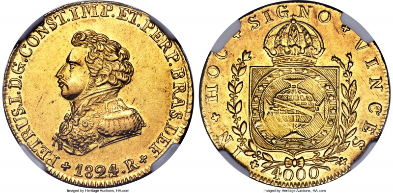 Pedro I gold 4000 Reis 1824-R AU58 NGC, Rio de Janeiro mint, KM369.1, Russo-594....