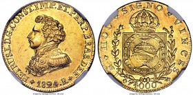 Pedro I gold 4000 Reis 1824-R AU58 NGC, Rio de Janeiro mint, KM369.1, Russo-594. Bright and lustrous, extremely appealing with a near perfect strike. ...