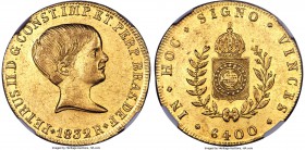 Pedro II gold 6400 Reis 1832-R AU55 NGC, Rio de Janeiro mint, KM387.1, LMB-O613. "Open mouth" variety. Lemon gold with handling throughout the surface...