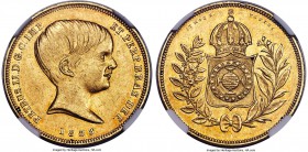 Pedro II gold 10000 Reis 1833 AU58 NGC, KM451, Russo-615. First year of issue for the "Boy's Head" type. A toned example with a subtle progression tow...