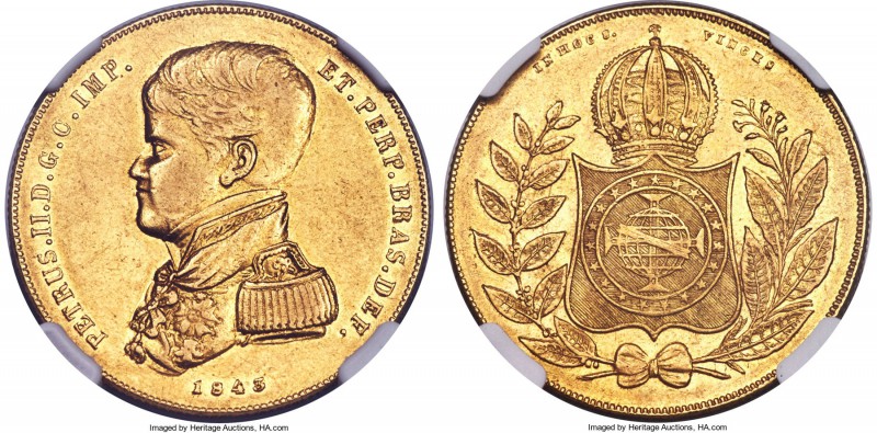 Pedro II gold 10000 Reis 1843 AU55 NGC, Rio de Janeiro mint, KM457. Mintage: 544...