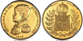 Pedro II gold 10000 (16000) Reis 1848/7 AU58 NGC, KM457, Russo-628. Mintage: 4,567. A much better date with uniformly bright surfaces and motifs that ...