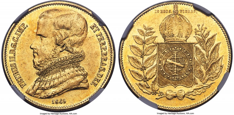 Pedro II gold 20000 Reis 1849 AU58 NGC, Rio de Janeiro mint, KM461, Russo-632. J...