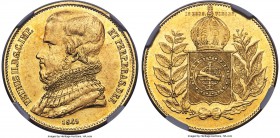 Pedro II gold 20000 Reis 1849 AU58 NGC, Rio de Janeiro mint, KM461, Russo-632. Just shy of Mint State, with pleasing surfaces showing considerable lus...