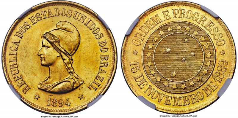 Republic gold 20000 Reis 1894 MS62 NGC, Rio de Janeiro mint, KM497, Russo-714. A...