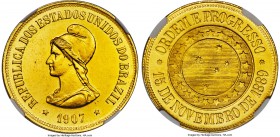 Republic gold 20000 Reis 1907 MS64 NGC, Rio de Janeiro mint, KM497, Fr-124, LMB-O726. Mintage: 3,310. A pleasing lemon-gold specimen with flashy luste...