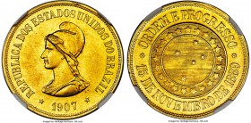 Republic gold 20000 Reis 1907 AU58 NGC, KM497. Lustrous with slight abrasion to the fields, yet very little wear of any sort. A prime example for the ...