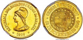 Republic gold 20000 Reis 1909 MS66 NGC, Rio de Janeiro mint, KM497, Russo-728. A conditional rarity to be sure, this bright specimen shows virtually n...