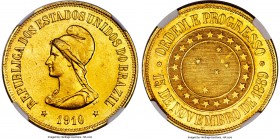Republic gold 20000 Reis 1910 MS62 NGC, Rio de Janeiro mint, KM497, Fr-124, LMB-O729. Highly lustrous, with a scattering of light handling in the fiel...