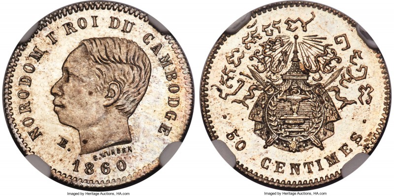 Norodom I silver Proof Essai 50 Centimes 1860 PR65 NGC, KMX-E6, Lec-42. A dazzli...