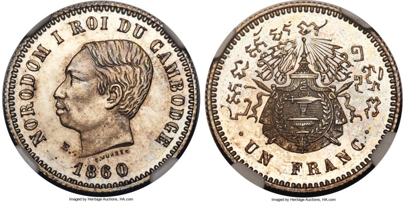 Norodom I silver Proof Essai Franc 1860 PR65 Cameo NGC, KMX-E7, Gad-6, Lec-54. R...