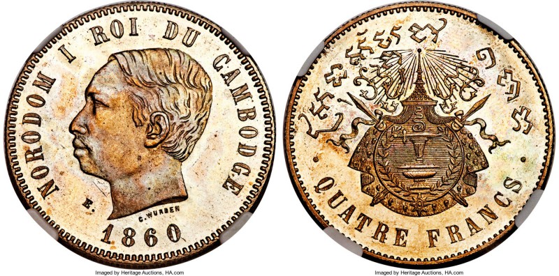 Norodom I Proof Essai 4 Francs 1860 PR63 NGC, KMX-E9, Gad-74, Lec-74. A scarce E...