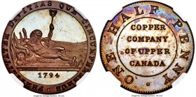 Copper Co. of Upper Canada copper Proof Restrike 1/2 Penny 1794 (1894) PR65 Brown NGC, PF-8, Br-721. Medal axis. Obv. Reclining river god, holding tri...