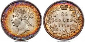 Victoria 25 Cents 1872-H MS63 PCGS, Heaton mint, KM5. A choice example displaying stellar cabinet tone composed of crimson, gold, and midnight blue, f...
