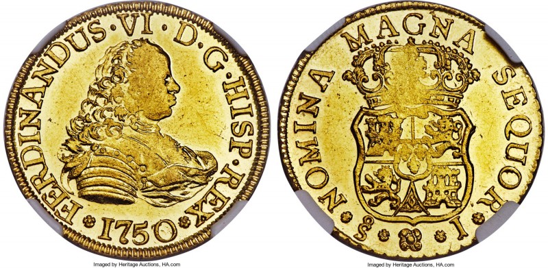 Ferdinand VI gold 4 Escudos 1750/5 So-J MS62 NGC, Santiago mint, KM2, Fr-6. With...