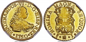 Ferdinand VI gold 4 Escudos 1750/5 So-J MS62 NGC, Santiago mint, KM2, Fr-6. With a clear overdate and highly lustrous surfaces, this exceptional piece...