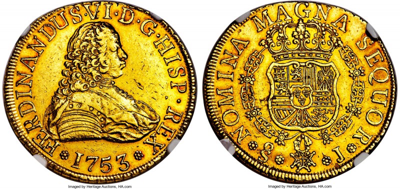 Fernando VI gold 8 Escudos 1753 So-J AU55 NGC, Santiago mint, KM3, Onza-647. All...