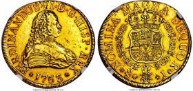 Fernando VI gold 8 Escudos 1753 So-J AU55 NGC, Santiago mint, KM3, Onza-647. Alluring due to the degree of detail remaining, which encompasses nearly ...