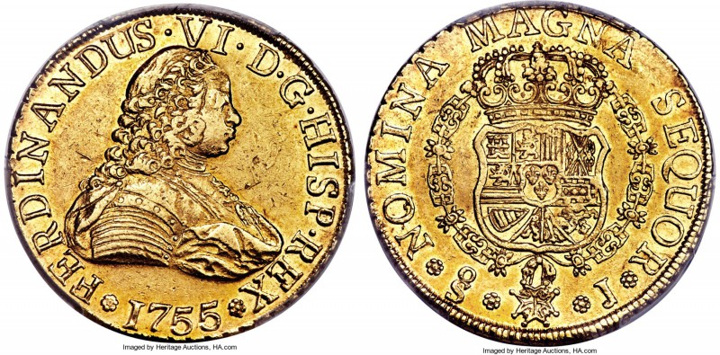 Ferdinand VI gold 8 Escudos 1755 So-J AU53 PCGS, Santiago mint, KM3, Fr-20, Cali...
