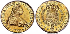 Ferdinand VI gold 8 Escudos 1755 So-J AU53 PCGS, Santiago mint, KM3, Fr-20, Calico-77. Lustrous and deeply toned, the example at hand displays a balan...