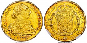 Charles III gold 8 Escudos 1773 So-DA AU55 NGC, Santiago mint, KM27. A phenomenal and fully wholesome presentation of this highly sought early date. D...