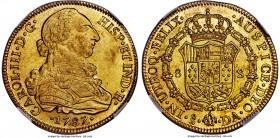 Charles III gold 8 Escudos 1787 So-DA MS62+ NGC, Santiago mint, KM27, Fr-15, Cal-247. Brightly lustrous and well-centered with uniformly raised rims f...