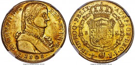 Ferdinand VII gold 8 Escudos 1808 So-FJ AU55 NGC, Santiago mint, KM72, Onza-1341. An absolutely charming example of the "imaginary" bust type exhibiti...