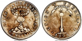 Republic Peso 1825-I Genuine VF Details (Cleaned) PCGS, Santiago mint, KM82.2, EL-90. An exceptionally rare and key date for the series, by far the lo...