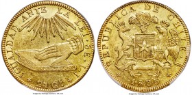 Republic gold 8 Escudos 1835 So-IJ AU58+ PCGS, Santiago mint, KM93, Onza-1630. A premium example for the type, boasting bright luster in the fields an...
