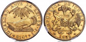 Republic gold 8 Escudos 1838 So-IJ AU53 NGC, Santiago mint, KM93, Fr-37. A very eye-appealing example of this historically fascinating type proclaimin...