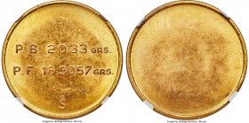 Republic gold Uniface Trial Strike 100 Pesos ND So MS63 NGC, Santiago mint, KM-Unl. P.B. 20.33 GRS // P.F. 18.3057 GRS. A scarce trial strike with spe...