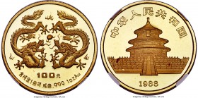 People's Republic gold Proof "Year of the Dragon" 100 Yuan 1988 PR67 Ultra Cameo NGC, KM-196, Fr-B66, PAN page 53, #3. Obv. Temple of heaven with date...