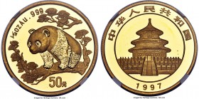 People's Republic gold "Large Date" Panda 50 Yuan (1/2 oz) 1997 MS69 NGC, KM990, PAN-280A. Essentially flawless, with not a single notable mark across...