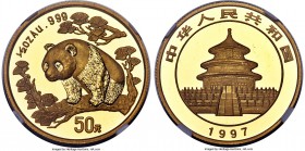 People's Republic gold "Large Date" Panda 50 Yuan (1/2 oz) 1997 MS69 NGC, KM990, PAN-280A. Beamingly lustrous, with a perfect cameo contrast and virtu...
